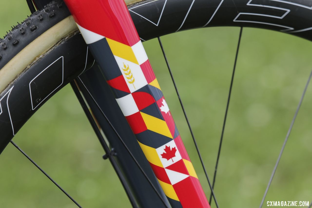 The design on Van den Ham's fork includes a Maple Leaf and stalk of wheat. Michael van den Ham's Canadian Champ Giant TCX Advanced Pro. © D. Mable / Cyclocross Magazine