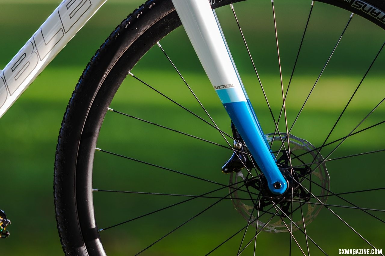 The white/blue color scheme is handsome and understated. The Noble CX3 alloy cyclocross bike. © A. Yee / Cyclocross Magazine