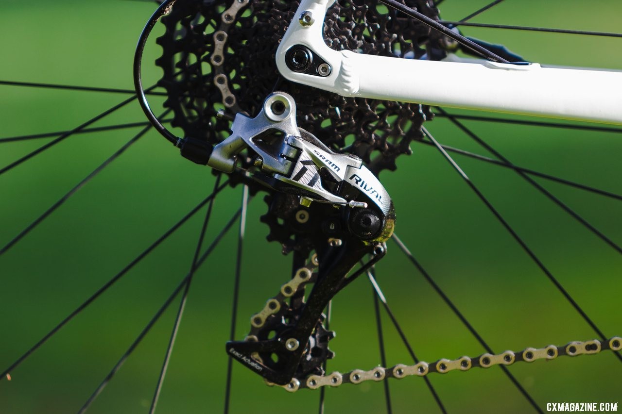 SRAM Rival and 10-42 XD cassette offers sufficient wide-range gearing for weekend warriors, trail riding and a bit of gravel grinding. The Noble CX3 alloy cyclocross bike. © A. Yee / Cyclocross Magazine