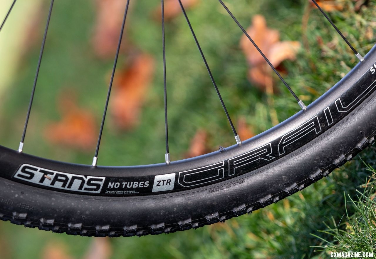 The updated Stan's No Tubes Grail rim makes for easy tubeless setup of the Donnelly PDX tires. The Noble CX3 alloy cyclocross bike. © A. Yee / Cyclocross Magazine