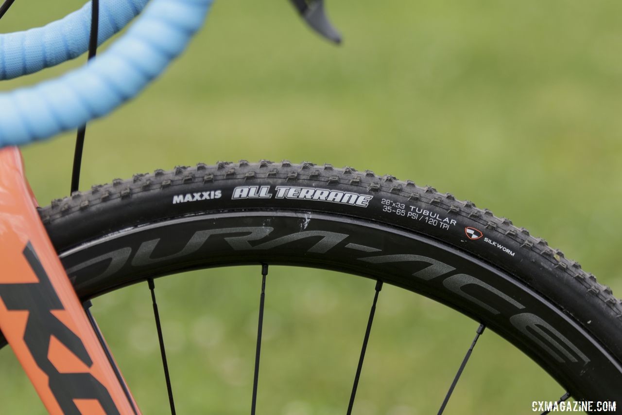 Maxxis All Terrance 700c x 33mm tubulars are one of the tire choices Fahringer has to choose from. Rebecca Fahringer's Kona Super Jake Cyclocross Bike. © D. Mable / Cyclocross Magazine