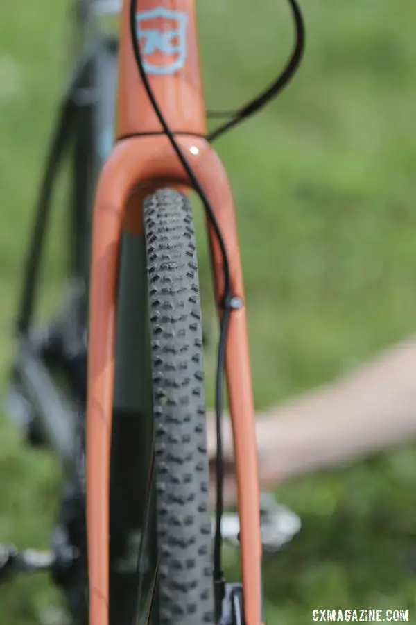 The Super Jake fork has external cable routing, which is not something we see on a lot of high-end cyclocross bikes. Rebecca Fahringer's Kona Super Jake Cyclocross Bike. © D. Mable / Cyclocross Magazine