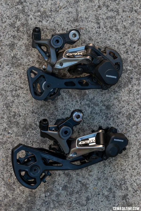 Shimano's gravel-oriented GRX mechanical components includes three mechanical derailleurs, including the two 11-speed options here. The 1x RX812 is on top, with the 2x RX810 below. © A. Yee / Cyclocross Magazine