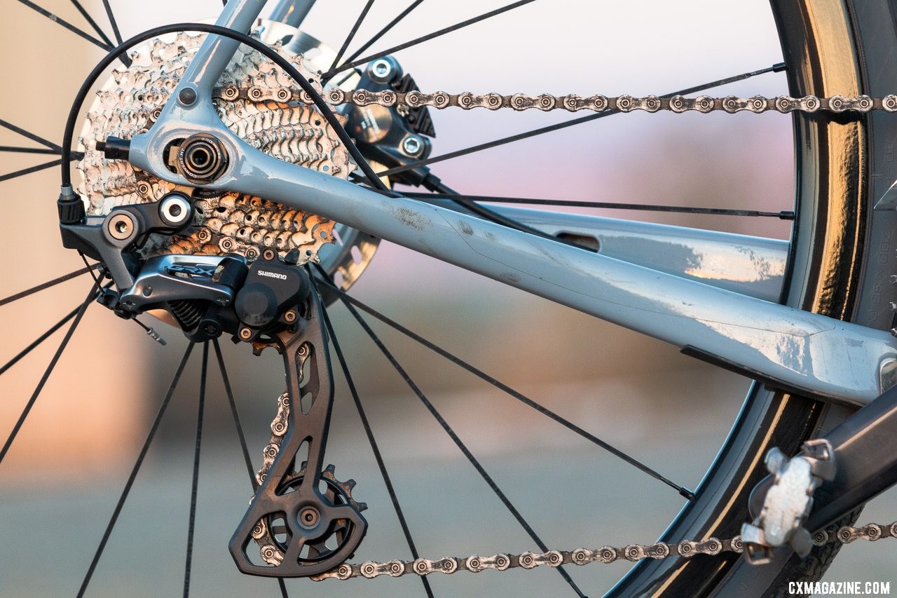 Shimano's gravel-oriented GRX mechanical components features a 2x-oriented RX810 rear derailleur with a clutch that comes with oversized pulleys for more chain wrap. © A. Yee / Cyclocross Magazine