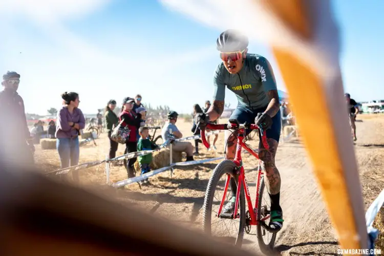 Fergus Tanaka hits the flyover in the Open B race. 2019 Surf City CX. © Jeff Vander Stucken