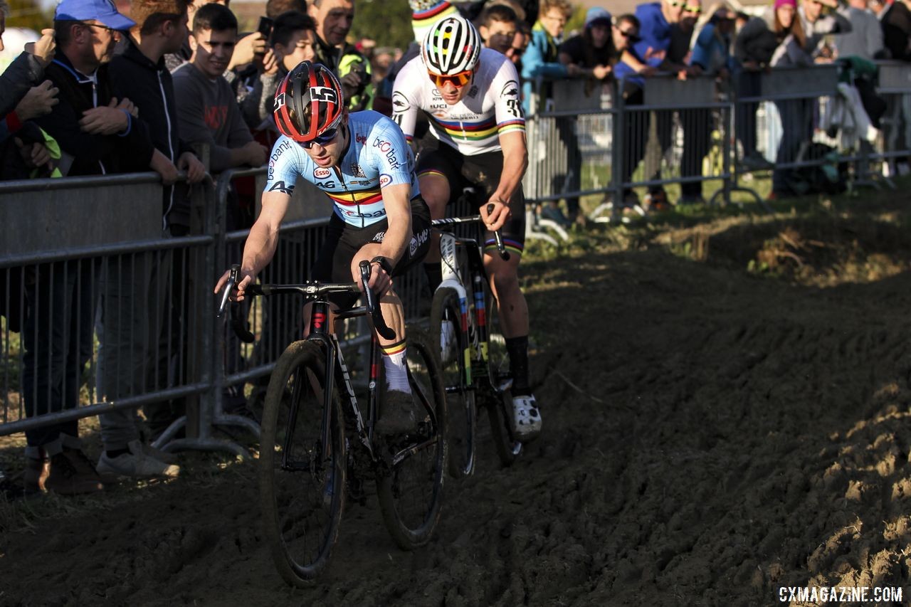 Eli Iserbyt and Mathieu van der Poel were in the spotlight Sunday. 2019 European Cyclocross Championships, Silvelle, Italy. © B. Hazen / Cyclocross Magazine