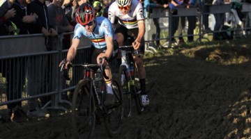 Eli Iserbyt and Mathieu van der Poel were in the spotlight Sunday. 2019 European Cyclocross Championships, Silvelle, Italy. © B. Hazen / Cyclocross Magazine