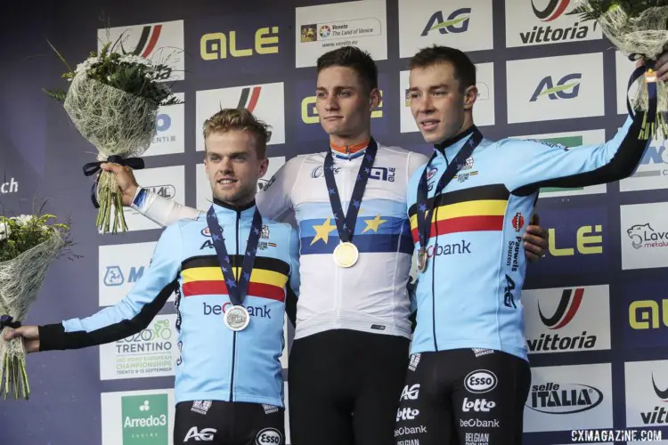 Elite Men's podium: Mathieu van der Poel, Eli Iserbyt and Laurens Sweeck. 2019 European Cyclocross Championships, Silvelle, Italy. © B. Hazen / Cyclocross Magazine