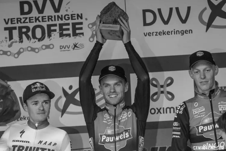 Eli Iserbyt took home the iconic cobble for his win. 2019 DVV Trofee Koppenbergcross. © B. Hazen / Cyclocross Magazine