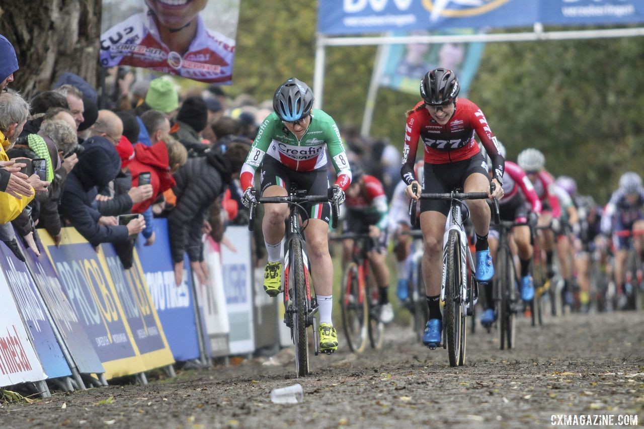 Eva Lechner and Yara Kastelijn led the first charge up the Koppenberg. 2019 DVV Trofee Koppenbergcross. © B. Hazen / Cyclocross Magazine
