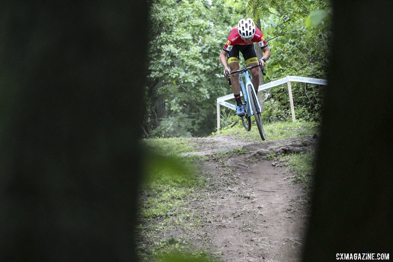 Lance Haidet sends it over the granite block toward the exit of The Jungle. 2019 Rochester Cyclocross Day 2, Sunday. © Z. Schuster / Cyclocross Magazine