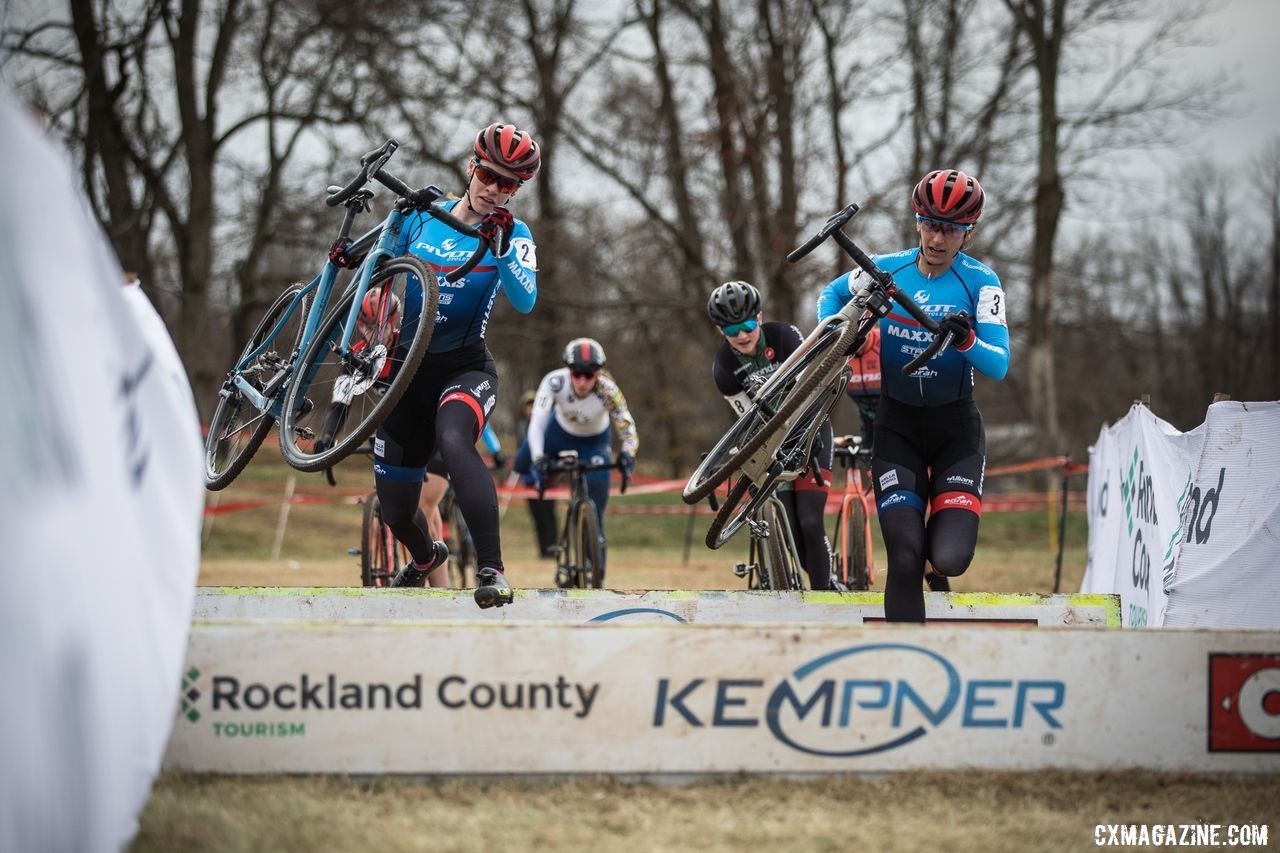 Ruby West and Courtenay McFadden hit the barriers in tandem. 2019 Supercross Cup Day 2. © Angelica Dixon