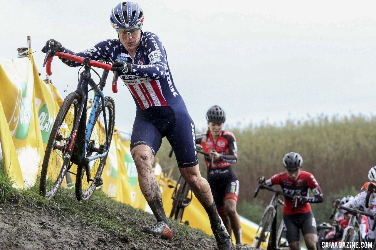 Katie Compton opted for the high line on a section when several riders went low. 2019 Superprestige Ruddervoorde. © B. Hazen / Cyclocross Magazine