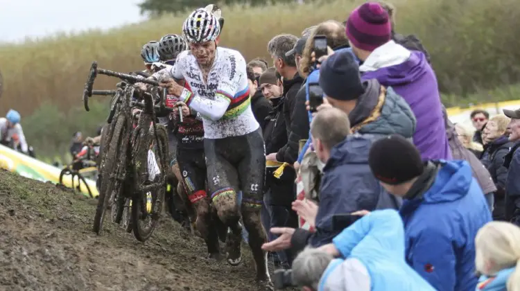 Fans get up close and personal as the Elite Men run one of the off-cambers. 2019 Superprestige Ruddervoorde. © B. Hazen / Cyclocross Magazine