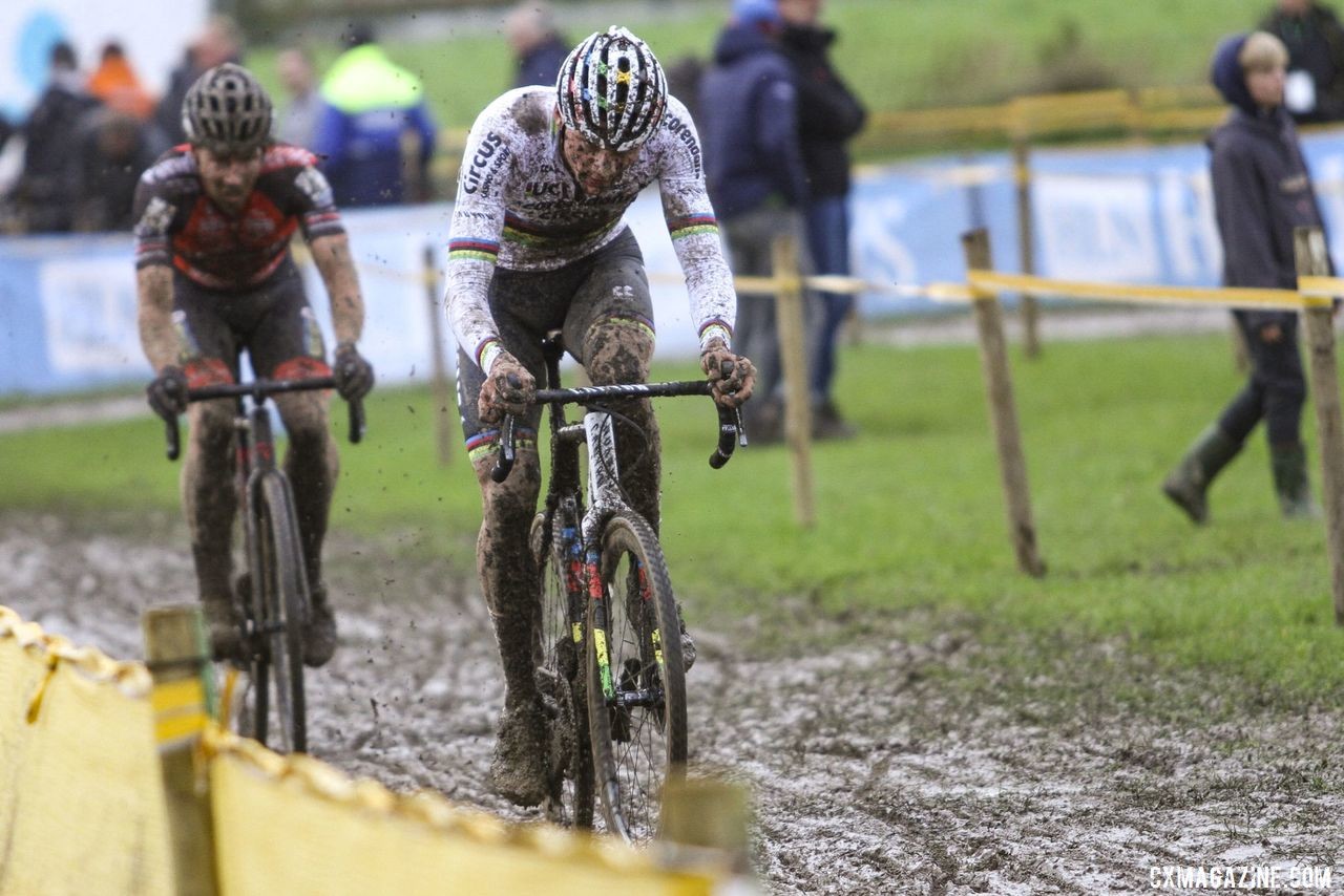 Mathieu van der Poel's toughest challenge came from Laurens Sweeck. 2019 Superprestige Ruddervoorde. © B. Hazen / Cyclocross Magazine