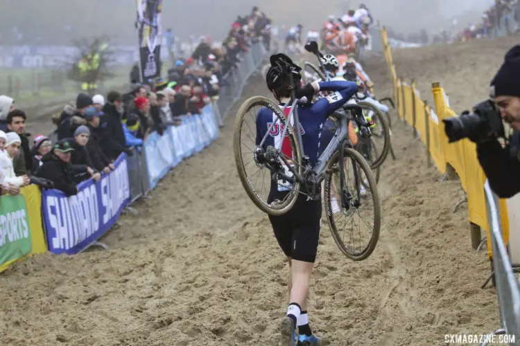 With so much sand, the bike is shouldered long enough it may need adjusting. 2019 World Cup Koksijde. © B. Hazen / Cyclocross Magazine