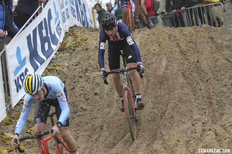 Ian Mcdonnald followed Milan Kuypers into the rut. 2019 World Cup Koksijde. © B. Hazen / Cyclocross Magazine