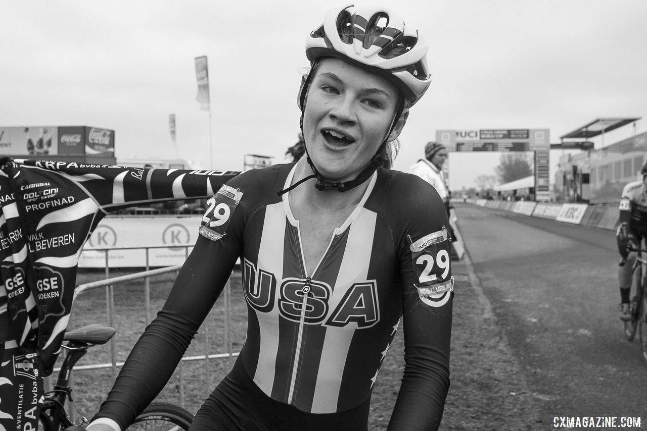 Cassidy Hickey was in good spirits. 2019 World Cup Koksijde. © B. Hazen / Cyclocross Magazine
