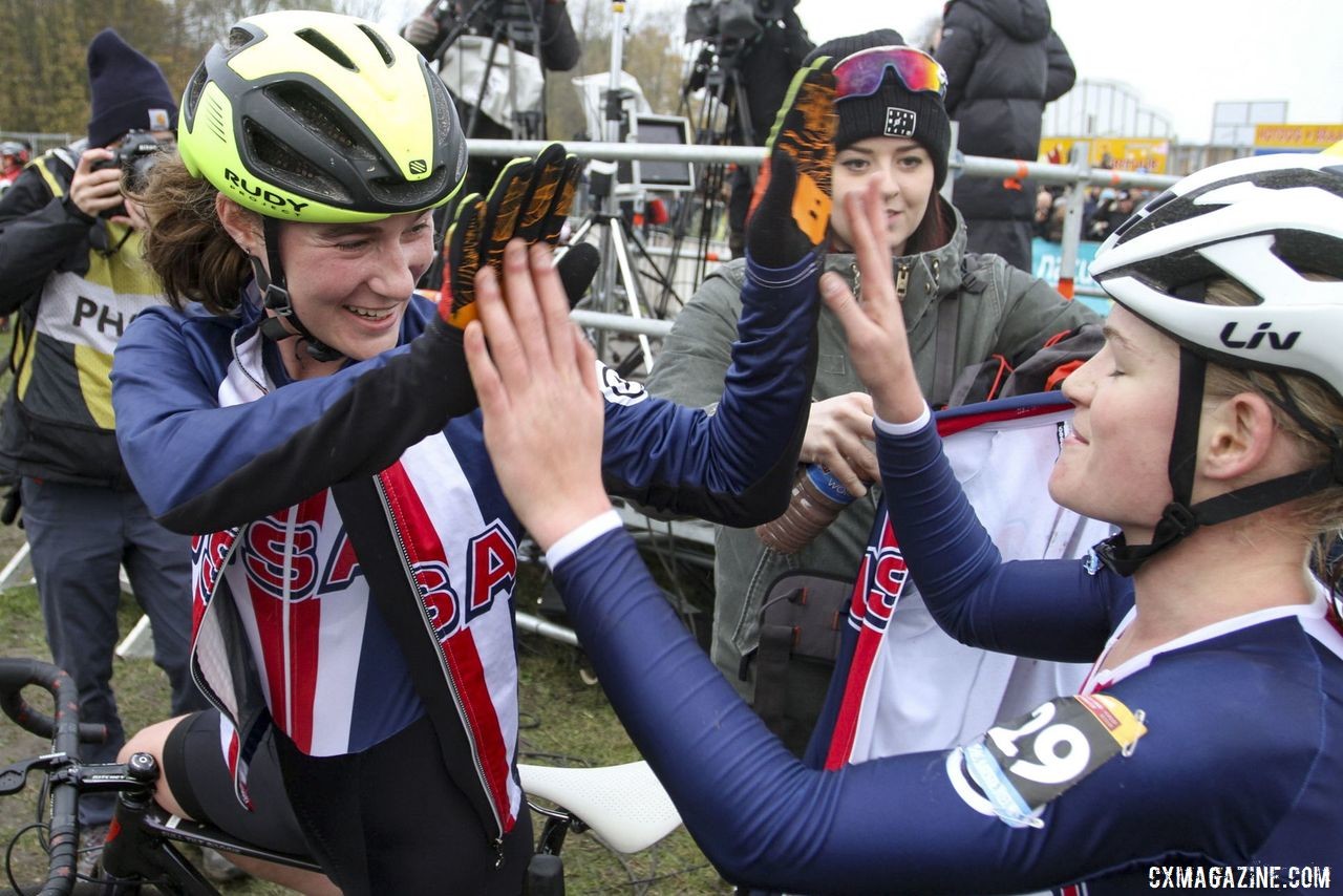 Mallory Shannon and Cassidy Hickey catch up afterwords. 2019 World Cup Koksijde. © B. Hazen / Cyclocross Magazine