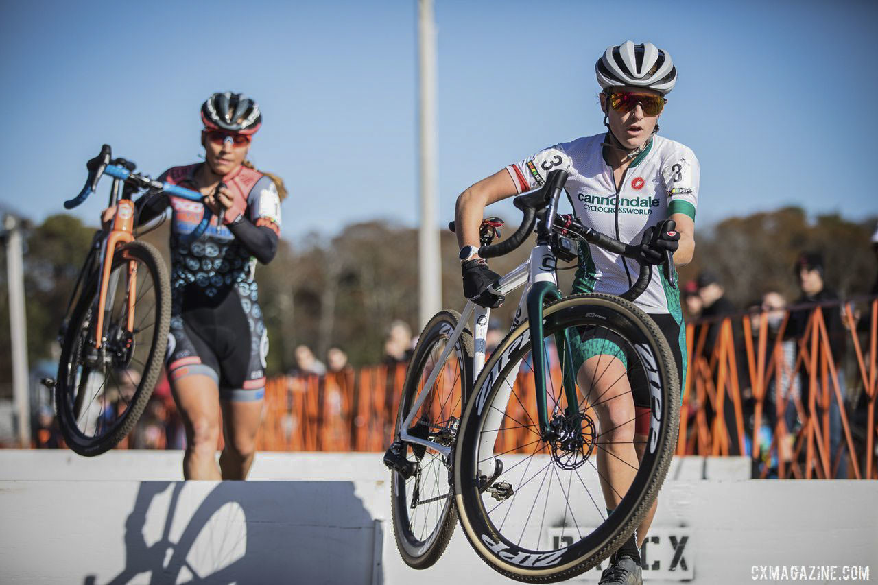 Katie Clouse and Rebecca Fahringer hit the barriers together. 2019 Really Rad Festival of Cyclocross Day 1. © Angelica Dixon