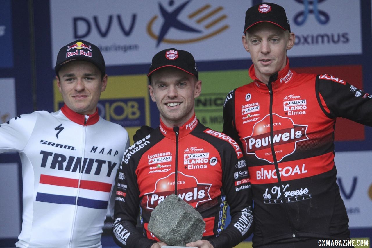Elite Men's podium: Eli Iserbyt, Tom Pidcock and Michael Vanthourenhout. 2019 Koppenbergcross. © B. Hazen / Cyclocross Magazine