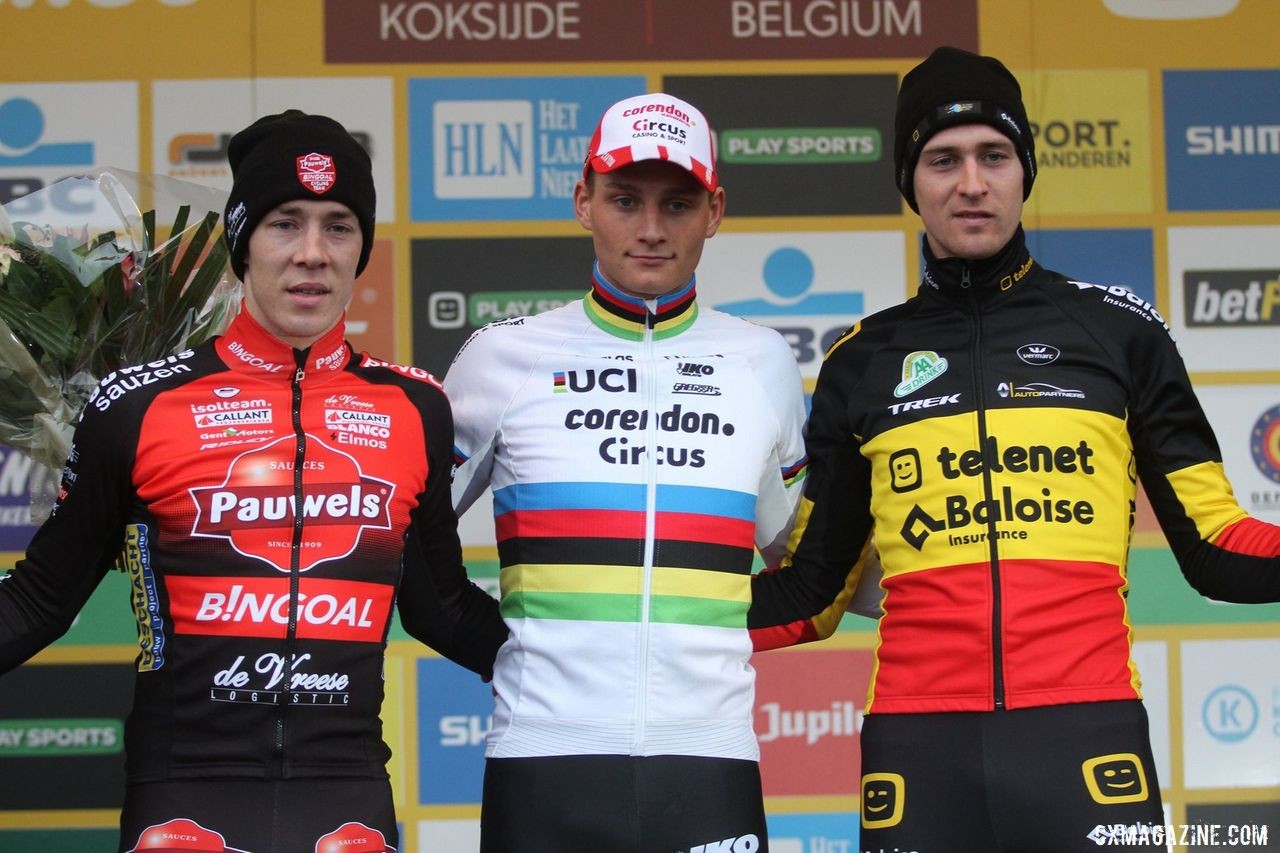 Elite Men's podium: Mathieu van der Poel, Laurens Sweeck and Toon Aerts. 2019 World Cup Koksijde. © B. Hazen / Cyclocross Magazine