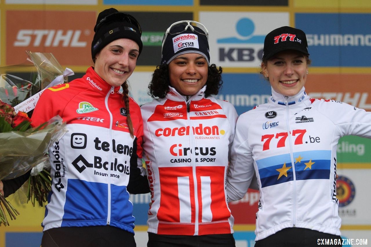 Elite Women's podium: Ceylin Alvarado, Lucinda Brand and Yara Kastelijn. 2019 World Cup Koksijde. © B. Hazen / Cyclocross Magazine