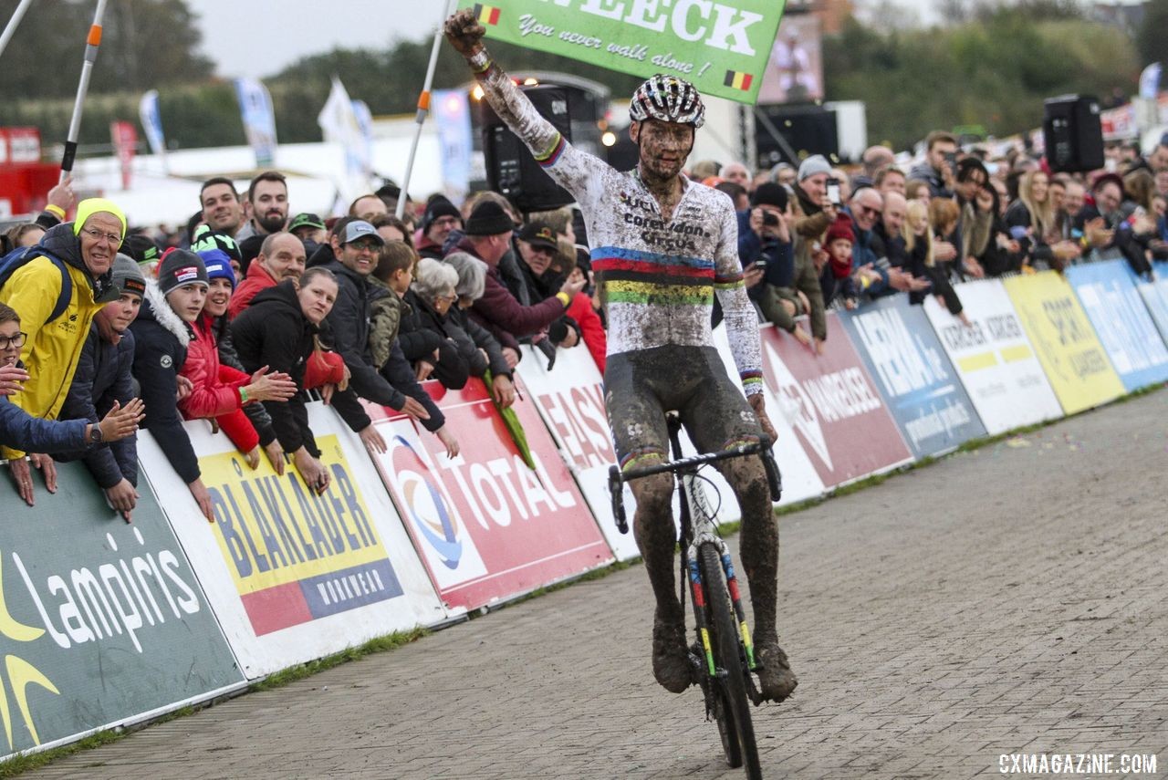 Mathieu van der Poel celebrates his win in his first cyclocross race of the season. 2019 Superprestige Ruddervoorde. © B. Hazen / Cyclocross Magazine