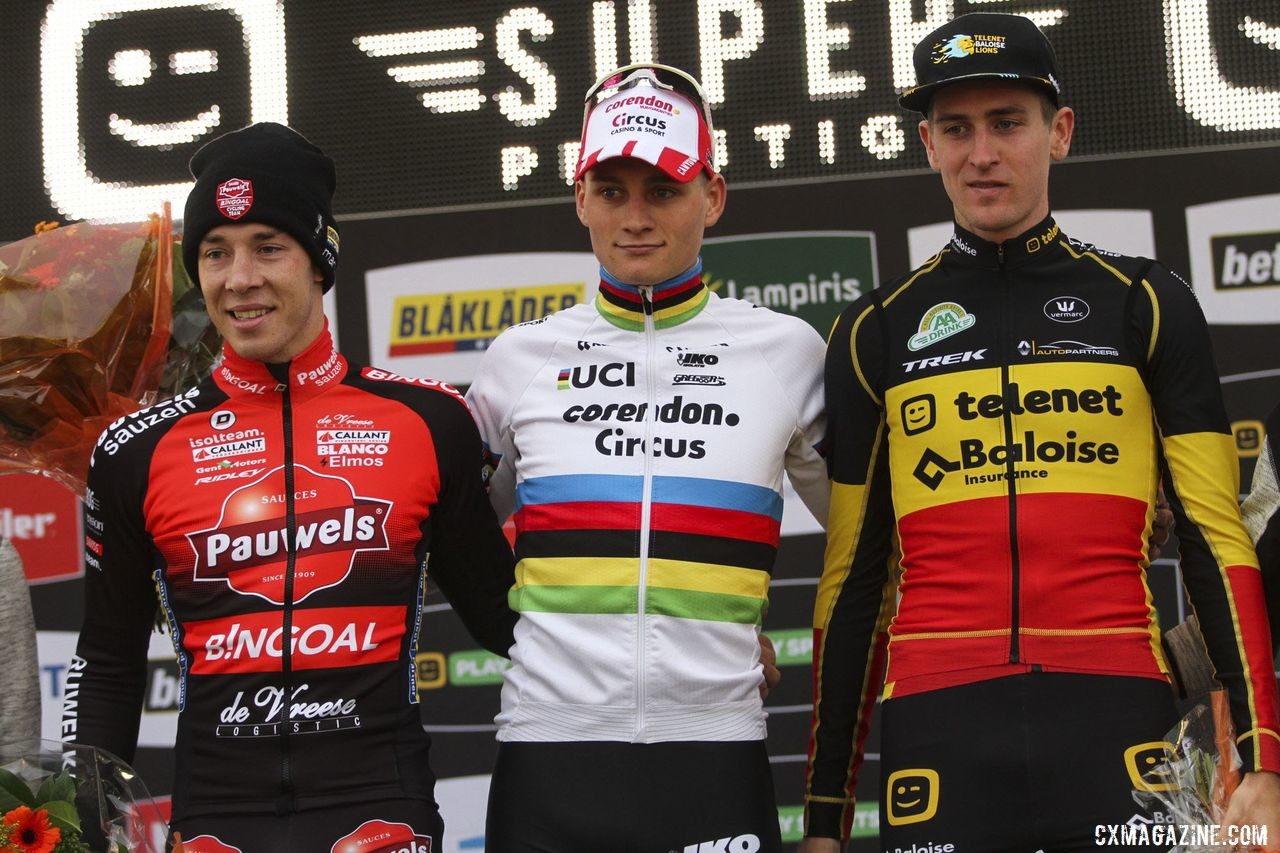 Elite Men's podium: Mathieu van der Poel, Laurens Sweeck and Toon Aerts. 2019 Superprestige Ruddervoorde. © B. Hazen / Cyclocross Magazine