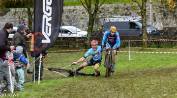 Patrick grabbed Robert's bars in a bid to stay upright. 2019 Munster CX League Race 3. © Sean Rowe
