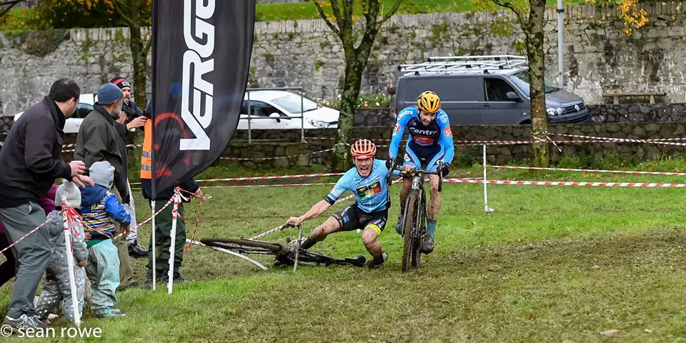 Patrick grabbed Robert's bars in a bid to stay upright. 2019 Munster CX League Race 3. © Sean Rowe