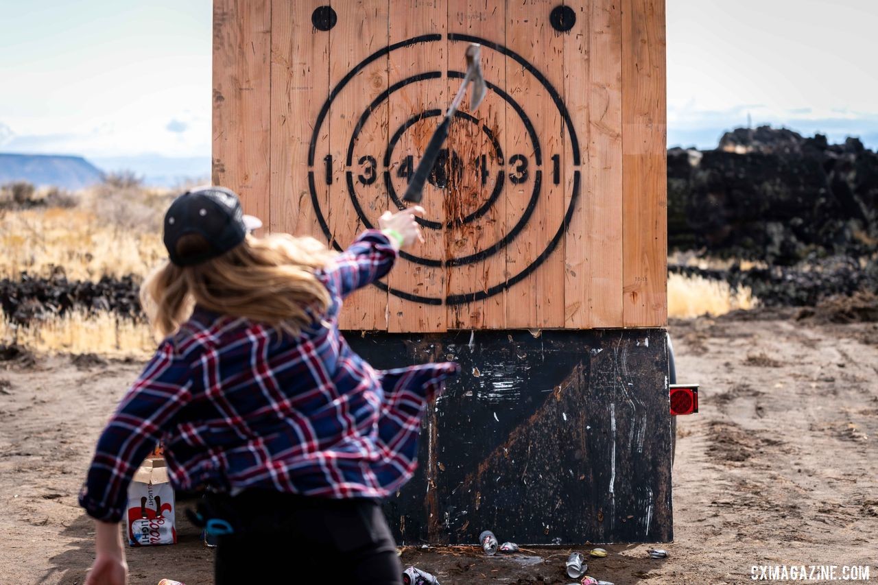 Qualifying involved 7 feats of strength incluing a hill climb, a wheelbarrow race (in an actual wheelbarrow) and axe throwing. 2019 Singlespeed Cyclocross World Championships, Utah. © Jeff Vander Stucken