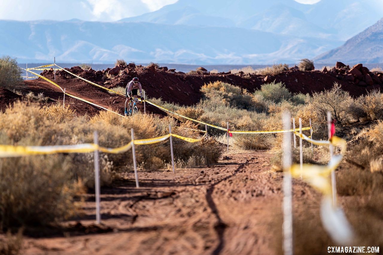 Sunny Gilbert rides through the desert during the qualifying race on Friday. 2019 Singlespeed Cyclocross World Championships, Utah. © Jeff Vander Stucken