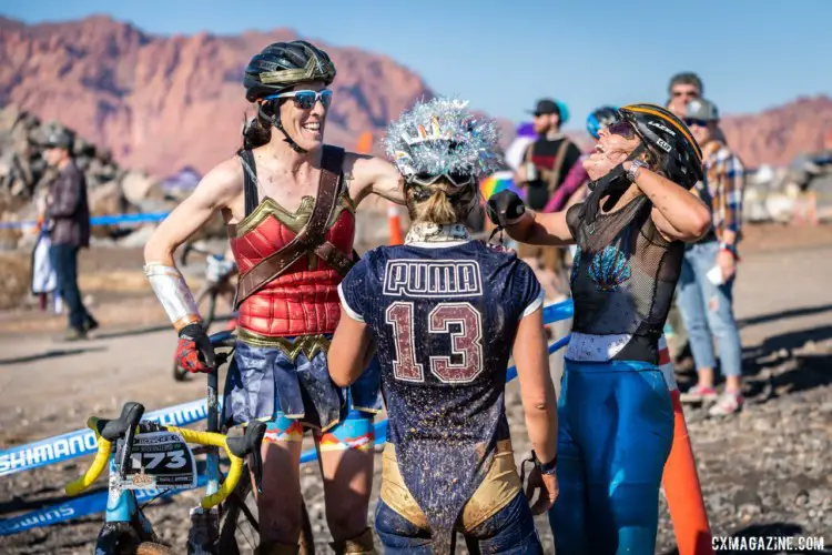 Womens top 3 (L to R): Sunny Gilbert, Sarah Sturm, Emily Schladach have a laugh after the race. 2019 Singlespeed Cyclocross World Championships, Utah. © Jeff Vander Stucken