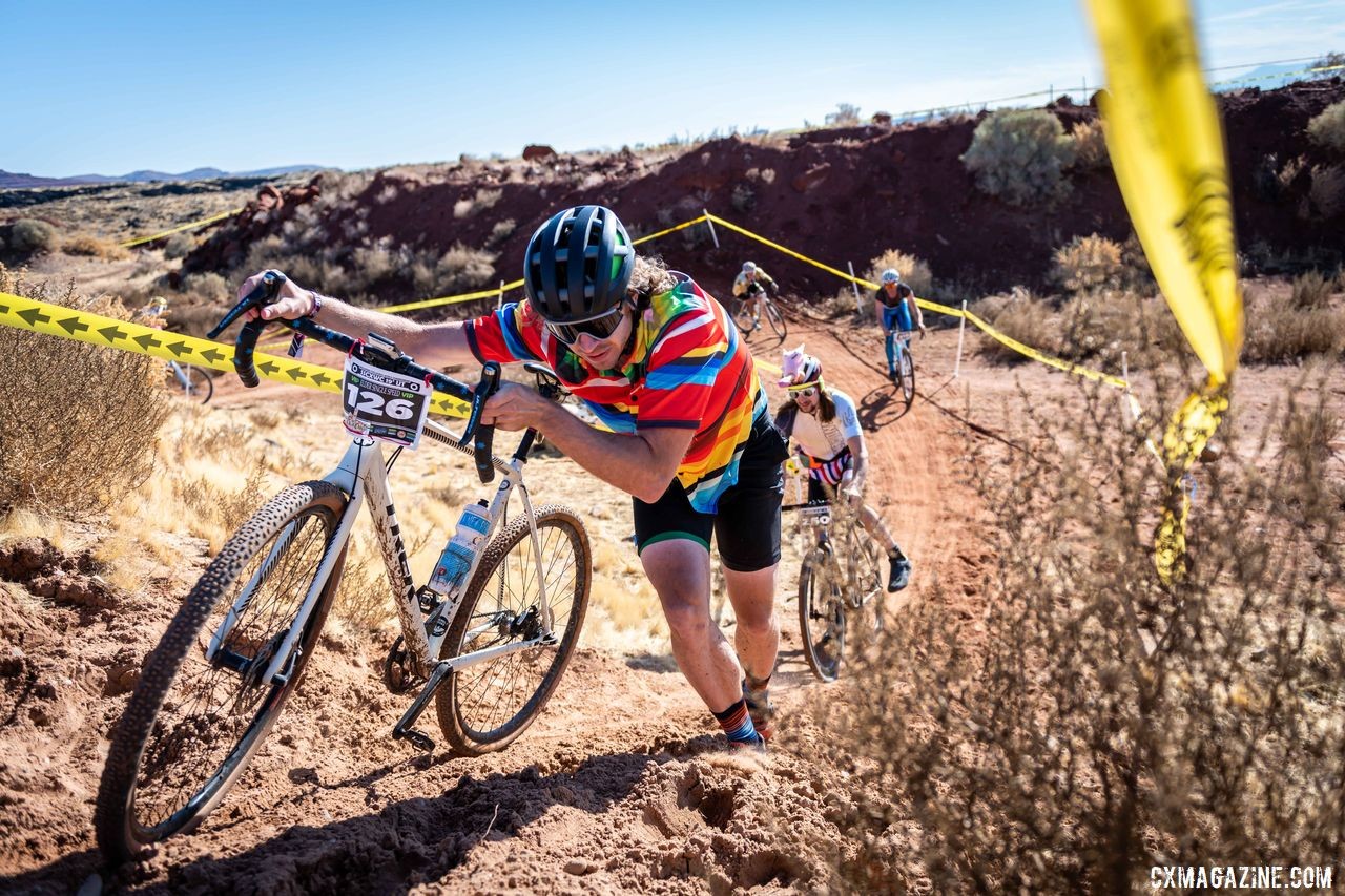 Riders hit the sandy "roller coaster" section during the "Everyone's a Winner" Race. 2019 Singlespeed Cyclocross World Championships, Utah. © Jeff Vander Stucken