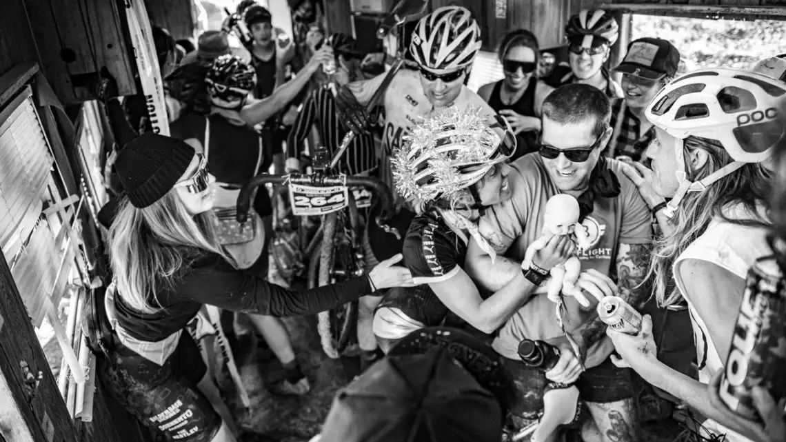 Sarah Sturm, Emily Kachorek and about a dozen more of the women racers packed the trailer for the Men's Final. Words and pictures do not do justice the craziness that ensued. 2019 Singlespeed Cyclocross World Championships, Utah. © Jeff Vander Stucken