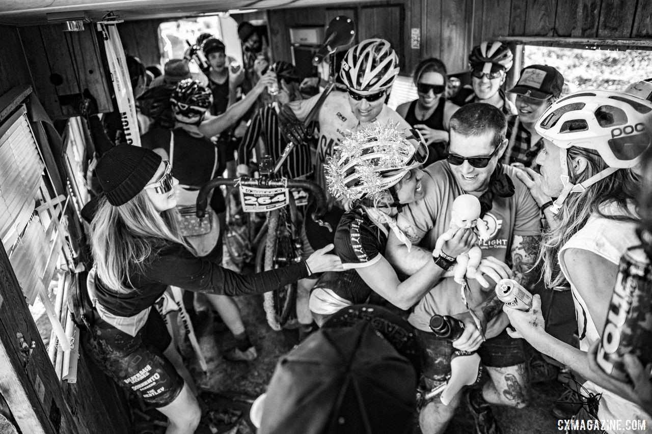 Sarah Sturm, Emily Kachorek and about a dozen more of the women racers packed the trailer for the Men's Final. Words and pictures do not do justice the craziness that ensued. 2019 Singlespeed Cyclocross World Championships, Utah. © Jeff Vander Stucken