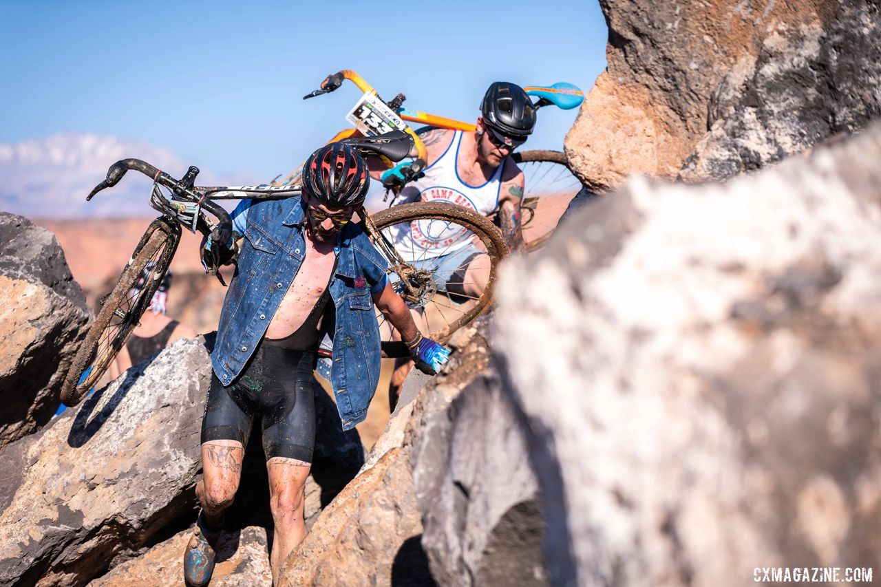 One of the late course changes involved bouldering. 2019 Singlespeed Cyclocross World Championships, Utah. © Jeff Vander Stucken