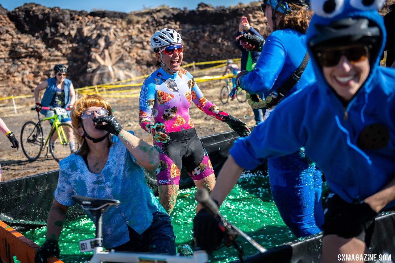 The jello pit (green, with baby marshmallows and carrots) was good for more than a few laughs. 2019 Singlespeed Cyclocross World Championships, Utah. © Jeff Vander Stucken
