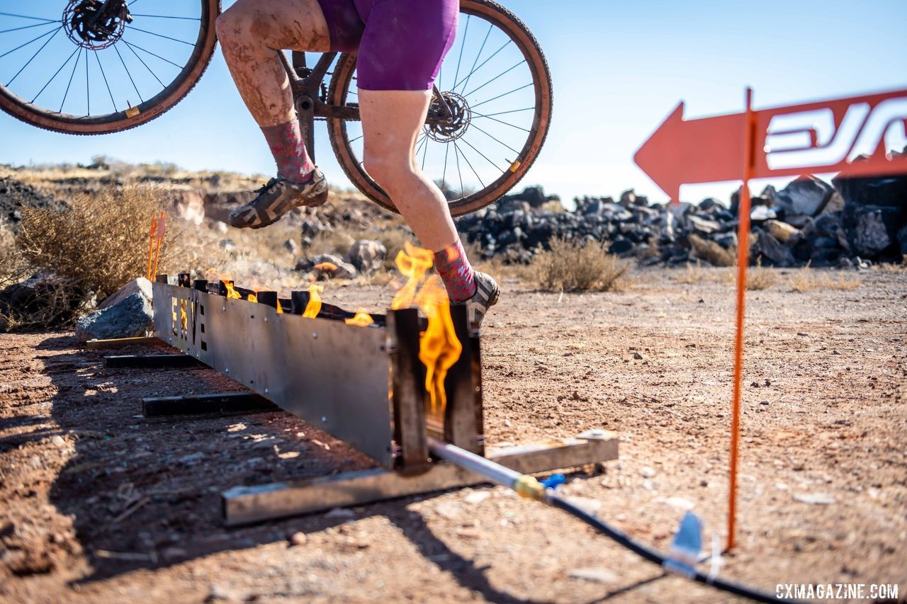 Perhaps not surprisingly, there was a fire barrier to clear. 2019 Singlespeed Cyclocross World Championships, Utah. © Jeff Vander Stucken