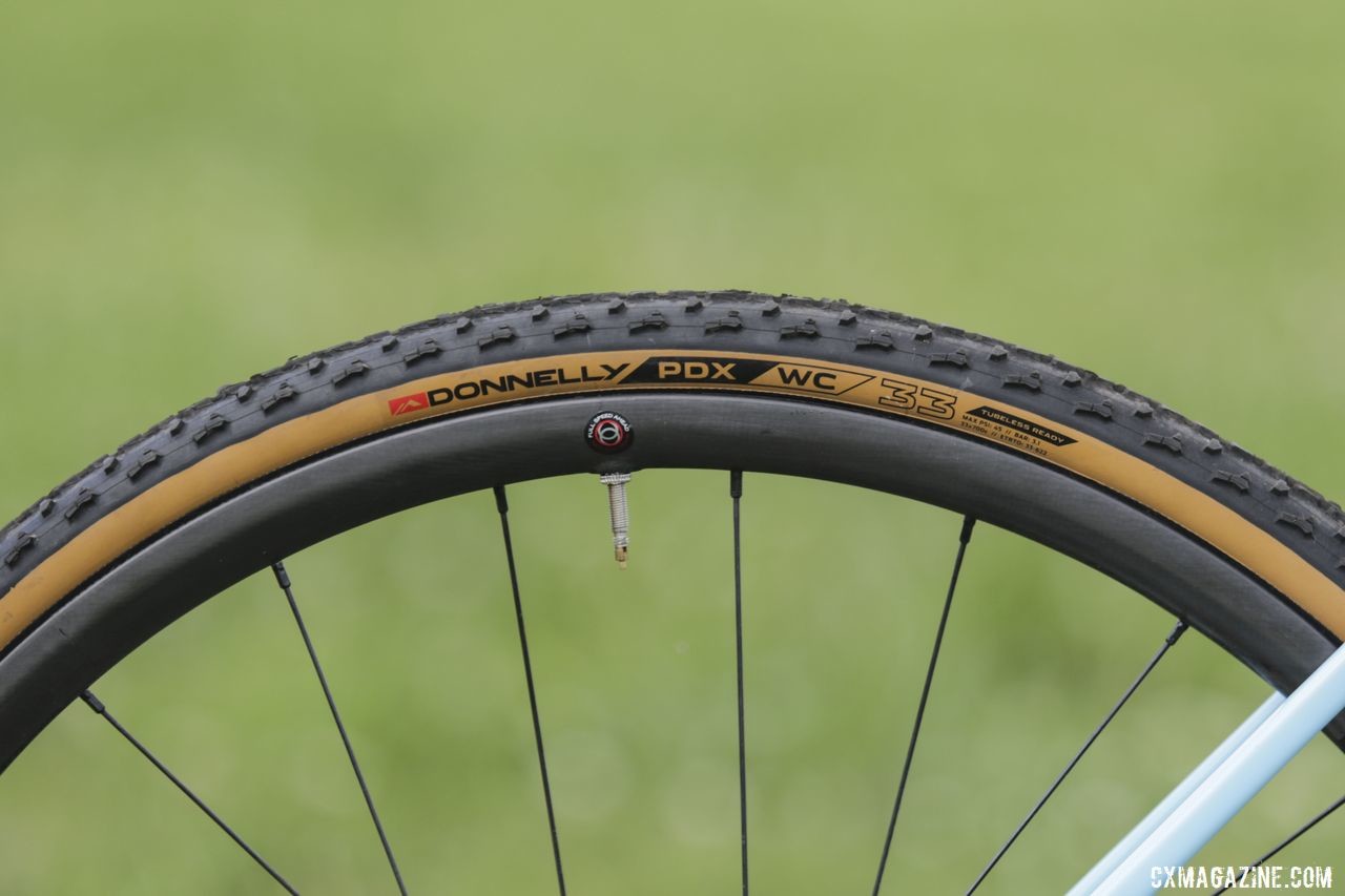 The tanwall Donnelly PDX WC tubeless tires were designed to inflate to a UCI-legal 33mm width. Gage Hecht's 2019 Donnelly C//C Cyclocross Bike. © Z. Schuster / Cyclocross Magazine