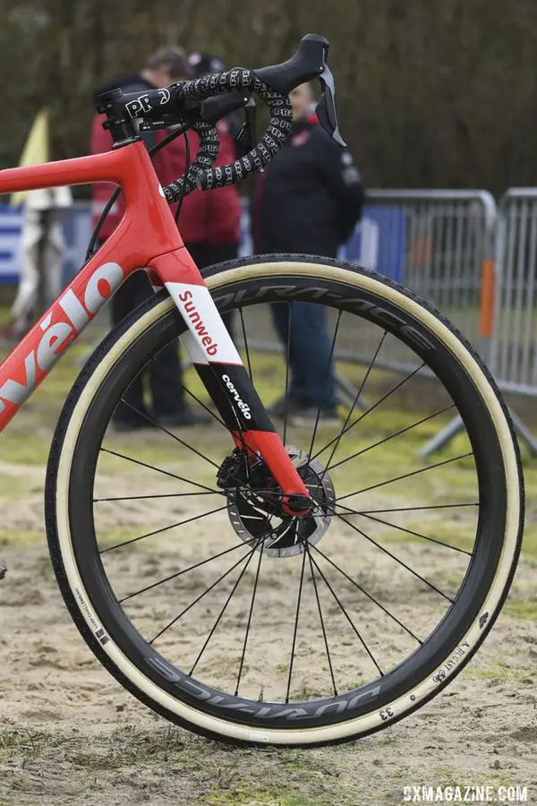 The Áspero has an all-carbon fork with the adjustable Trail Mixer at the thru-axle. Joris Nieuwenhuis' Cervélo Áspero Cyclocross Bike. © L. Haumesser / Cyclocross Magazine