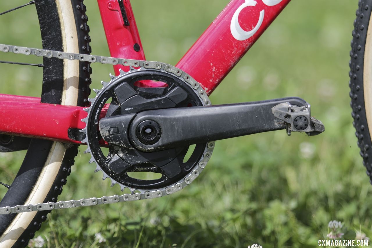 Larkin upgraded to the 1x SRAM Red eTap AXS groupset this year, including the Red 1 Power Meter crankset with a 38t X-Sync 2 chain ring. Maria Larkin's Colnago Prestige Cyclocross Bike. © D. Mable / Cyclocross Magazine