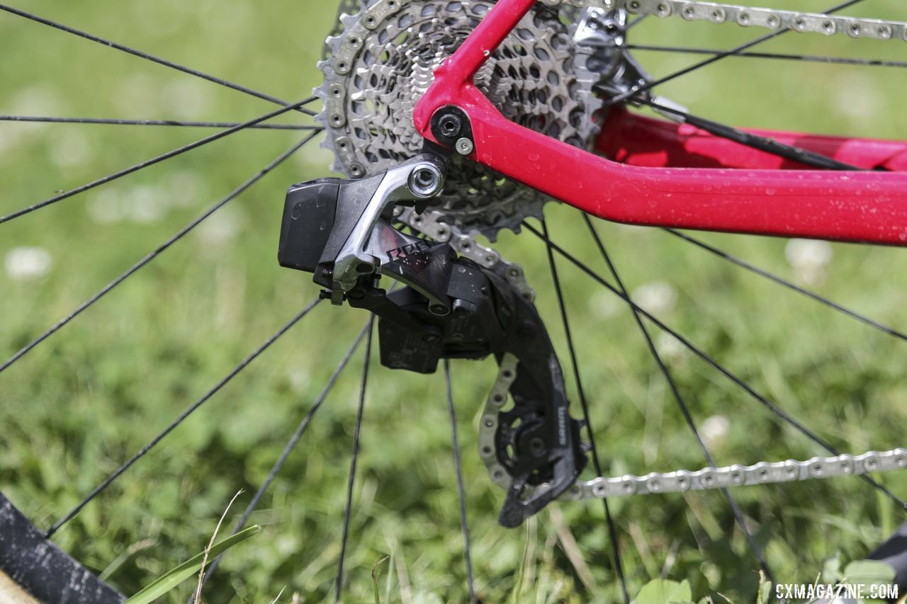 Larkin paired a SRAM Red eTap AXS rear derailleur with a 10-33t Red cassette. Maria Larkin's Colnago Prestige Cyclocross Bike. © D. Mable / Cyclocross Magazine