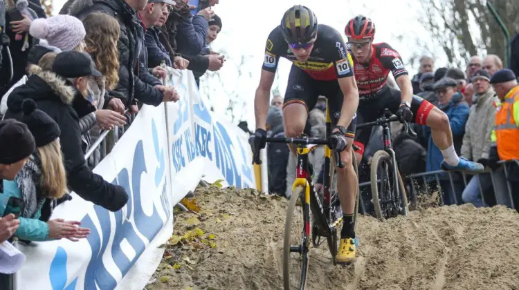 Toon Aerts and Laurens Sweeck battled for second. 2019 World Cup Koksijde. © B. Hazen / Cyclocross Magazine