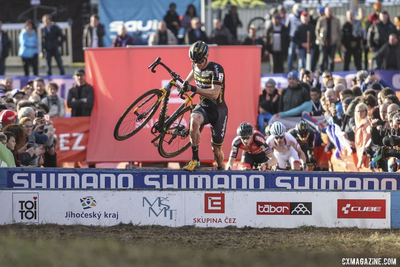 Corne van Kessel was the first rider to hit the barriers in Lap 1. 2019 World Cup Tabor, Czech Republic. © B. Hazen / Cyclocross Magazine