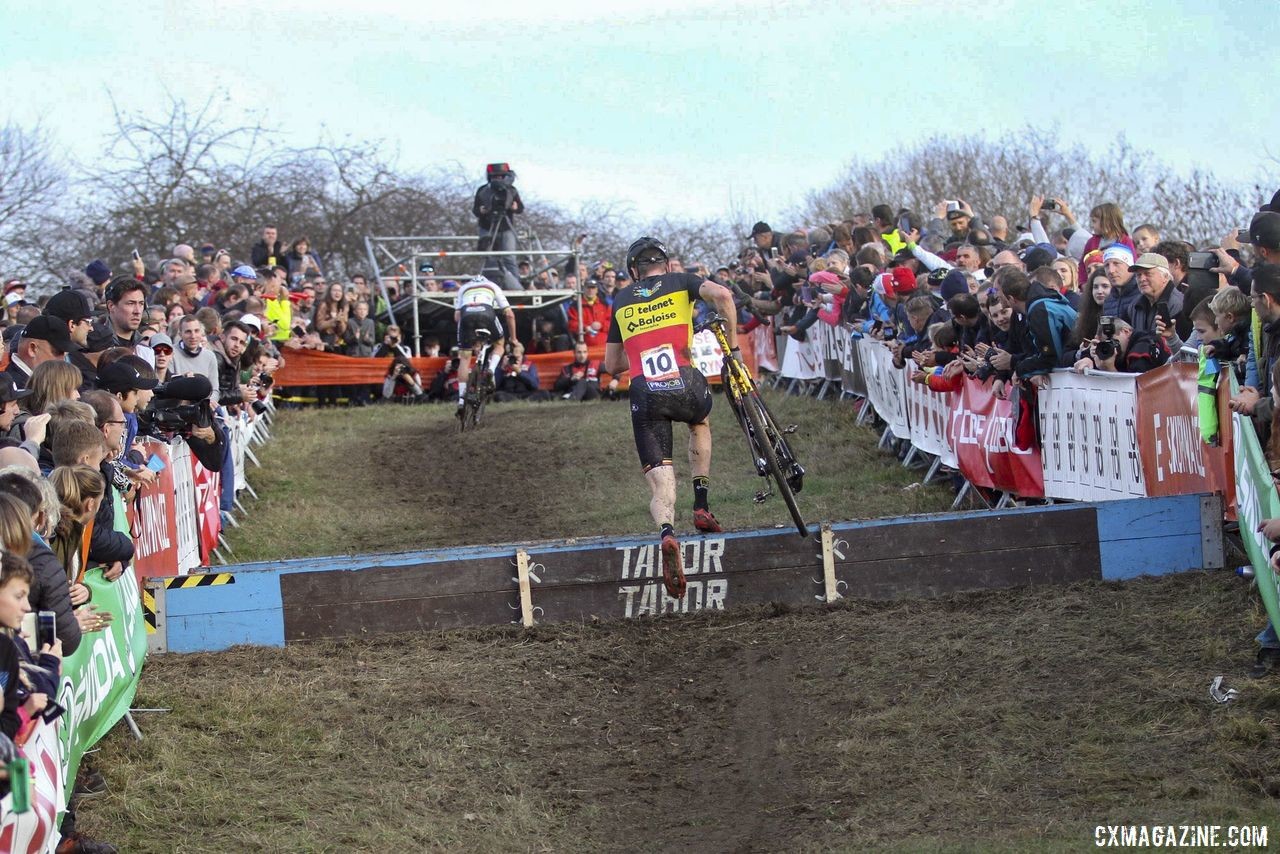 The uphill barriers were one of the challenging features on the Tabor course. 2019 World Cup Tabor, Czech Republic. © B. Hazen / Cyclocross Magazine