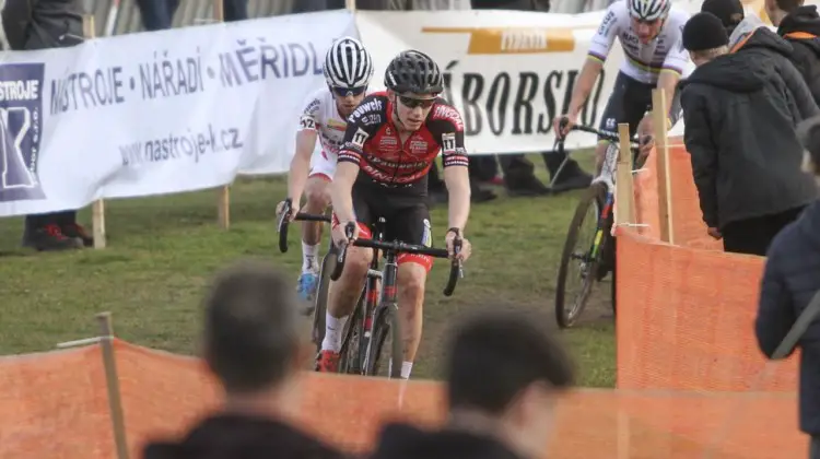 Michael Vanthourenhout attacked several times early on to keep the pace high. 2019 World Cup Tabor, Czech Republic. © B. Hazen / Cyclocross Magazine