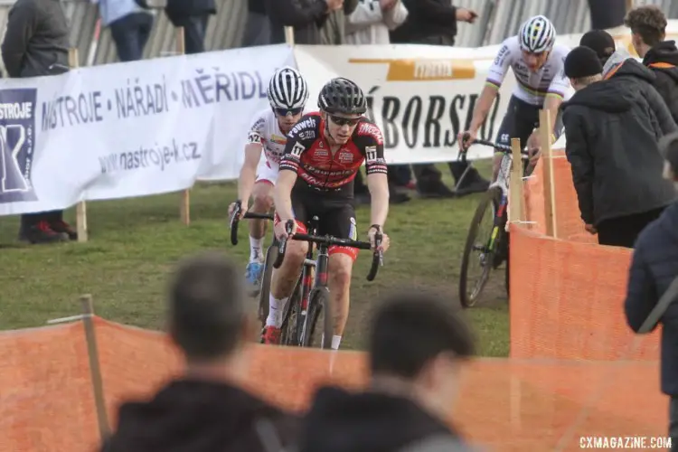 Michael Vanthourenhout attacked several times early on to keep the pace high. 2019 World Cup Tabor, Czech Republic. © B. Hazen / Cyclocross Magazine
