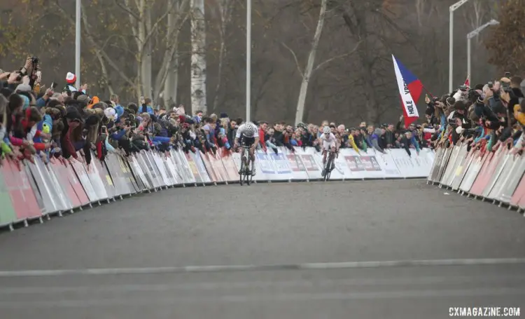 Mathieu van der Poel and Eli Iserbyt head down the finishing straight. 2019 World Cup Tabor, Czech Republic. © B. Hazen / Cyclocross Magazine